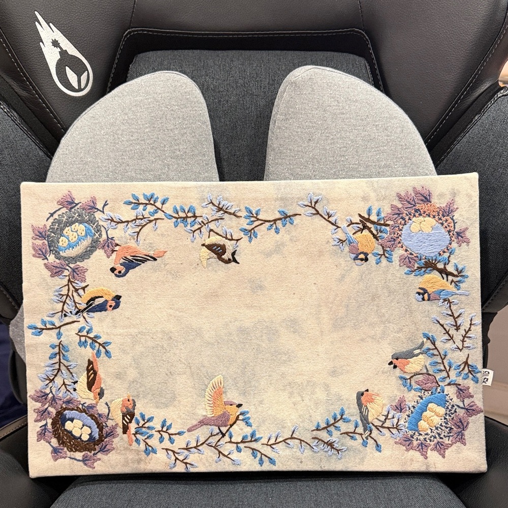 Hand Embroidered Bird Linen Tea Mat Table Runner Cottagecore Vintage Style